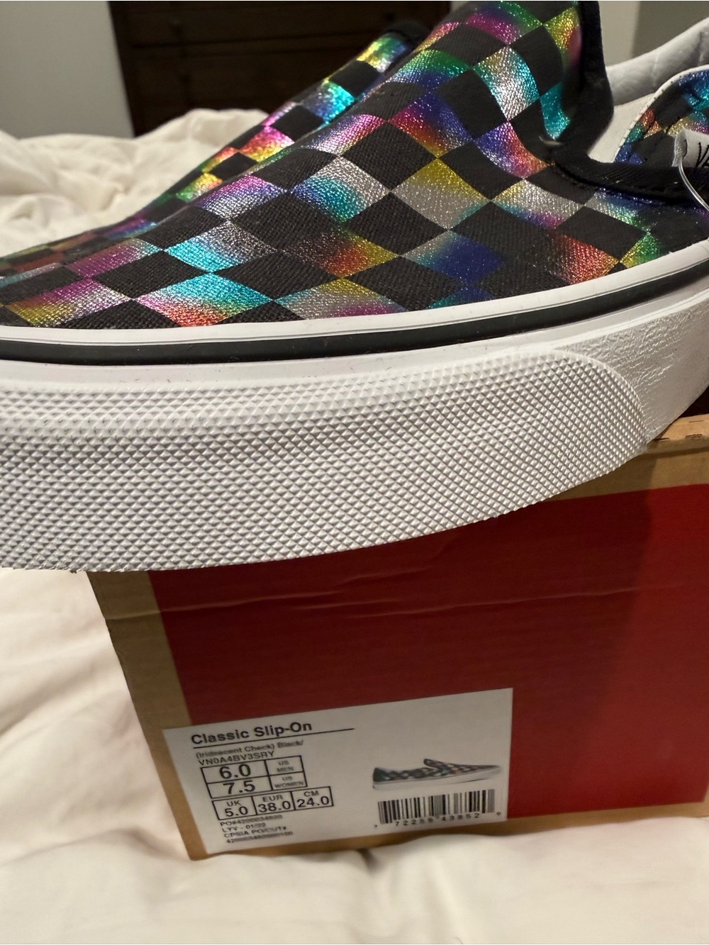 Vans Women's Size 7.5 Slip-On Checkerboard Sneakers - Iridescent Black Multi - Picture 2 of 6